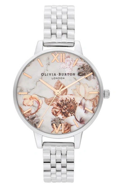 Shop Olivia Burton Marble Florals Bracelet Watch, 34mm In Silver/ White Floral/ Silver