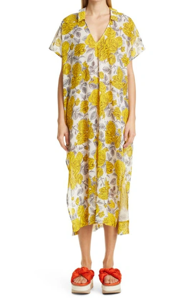 Shop Ganni Floral Print Organic Cotton Cover-up Dress In Egret