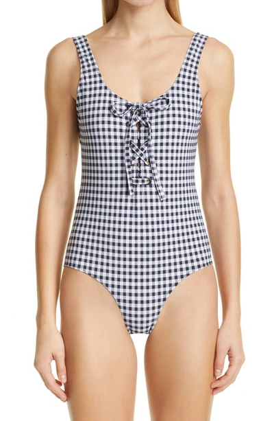Shop Ganni Gingham Lace-up One-piece Swimsuit In Black