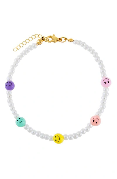 Shop Adinas Jewels Smiley Face & Imitation Pearl Anklet In Multi-color