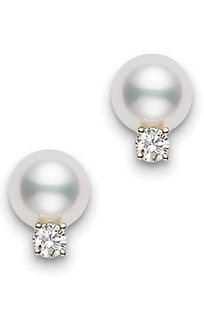 Shop Mikimoto Akoya Pearl & Diamond Stud Earrings In Yellow Gold