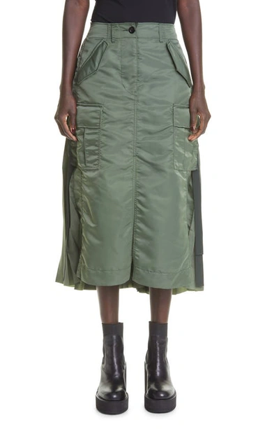 Shop Sacai Pleated Back Nylon Midi Skirt In Khaki