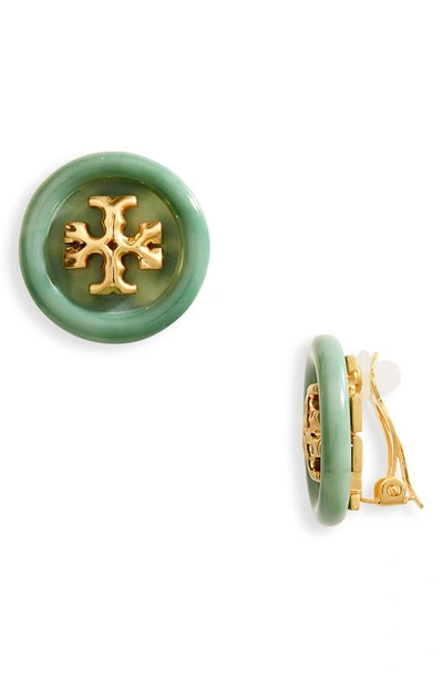 Shop Tory Burch Roxanne Logo Clip-on Earrings In Rolled Brass / Green