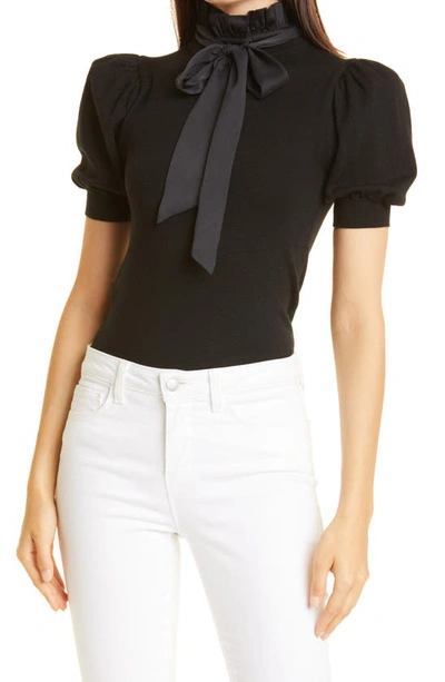 Shop Alice And Olivia Chase Ruffle Tie Neck Stretch Wool Sweater In Black