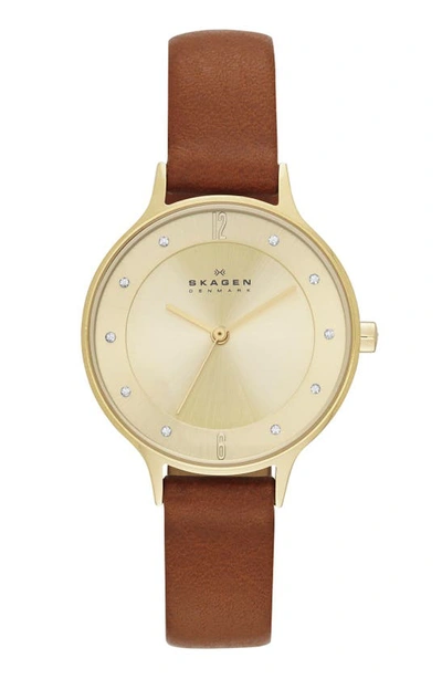 Shop Skagen 'anita' Crystal Index Slim Leather Strap Watch, 30mm In Saddle/ Gold
