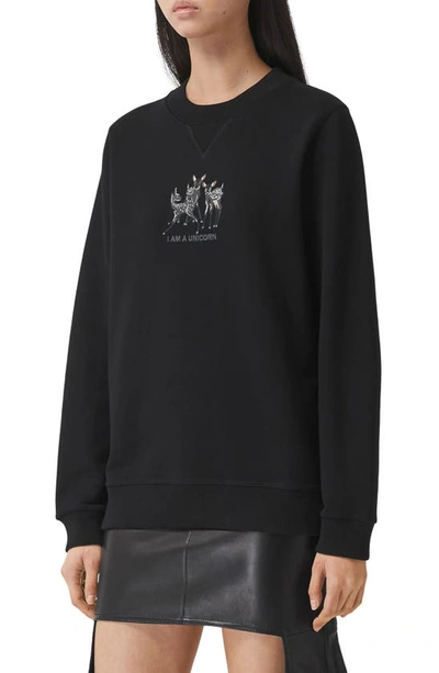Shop Burberry Berkley Unicorn Deer Oversize Cotton Sweatshirt In Black
