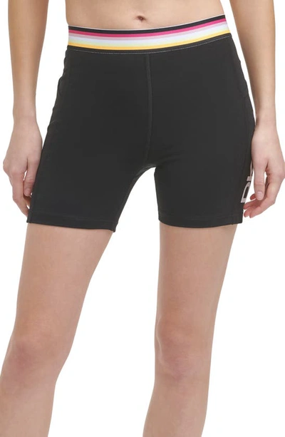 Shop Dkny Multistripe High Waist Pocket Bike Shorts In Black