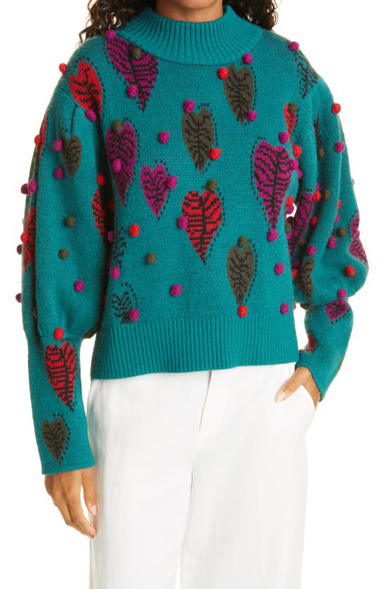 Farm Rio Monstera Hearts Mock Neck Sweater In Green | ModeSens