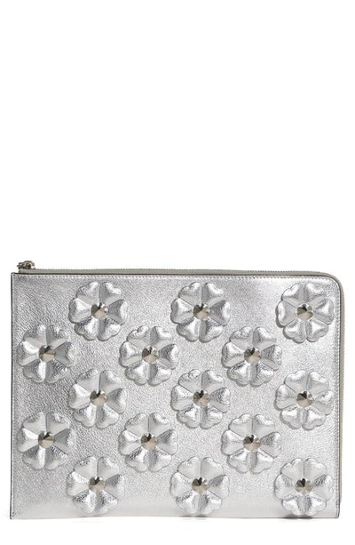 Shop Fendi Studded Flowers Calfskin Clutch In Silver