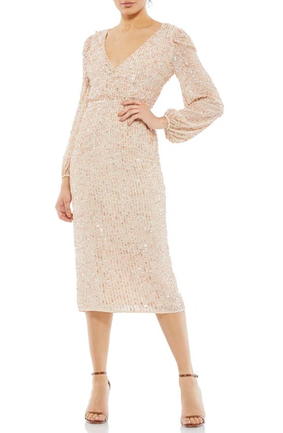 Mac Duggal Sequin Surplice Faux Wrap V Neck Blouson Sleeve Dress In Nude