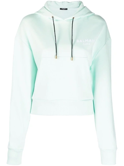 Balmain Cropped Flocked Logo Detail Hoodie In Green