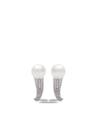 Shop Tasaki 18kt White Gold Collection Line Danger Horn Pearl And Diamond Earrings In Silver