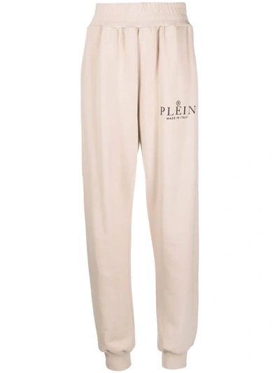 Shop Philipp Plein Iconic Plein High-waisted Cotton Track Pants In Nude