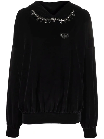 Shop Philipp Plein Crystal Chain Detail Velvet Hoodie In Black