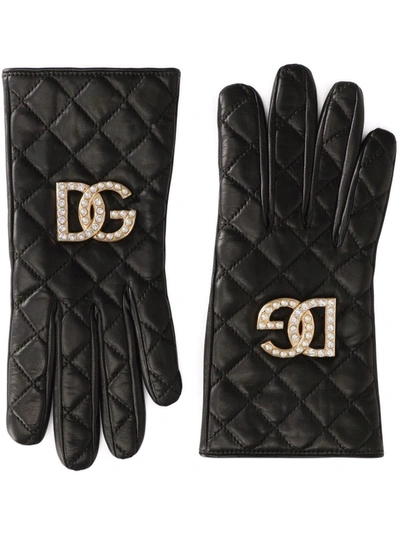 Dolce & Gabbana Dg Quilted Napa Swarovski Crystal Gloves In Schwarz