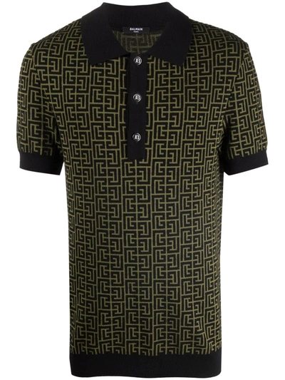 Shop Balmain Monogram-pattern Short-sleeve Polo Shirt In Grün