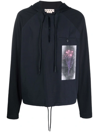 Shop Marni Graphic-print Hooded Jacket In Blau