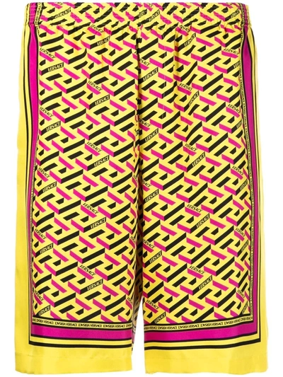 Shop Versace Geometric-print Silk Shorts In Gelb