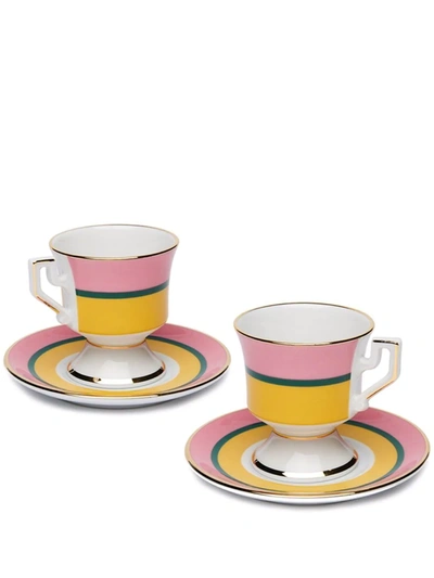 La Doublej Set Of Two Gold-plated Porcelain Espresso Cups And Saucers In  Pink,yellow