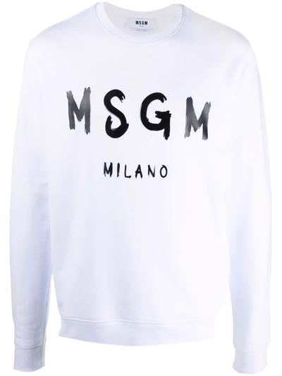 Msgm Cream Cotton Crewneck Sweatshirt With Brush Logo Print In Weiss