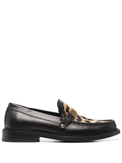 Shop Moschino Leopard-print Logo Loafers In Schwarz