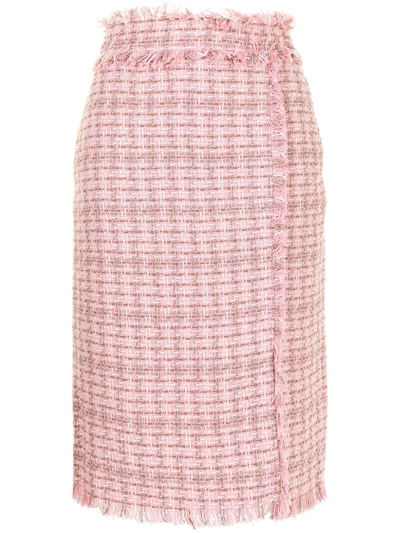 Shop Msgm Frayed Midi Skirt In Rosa