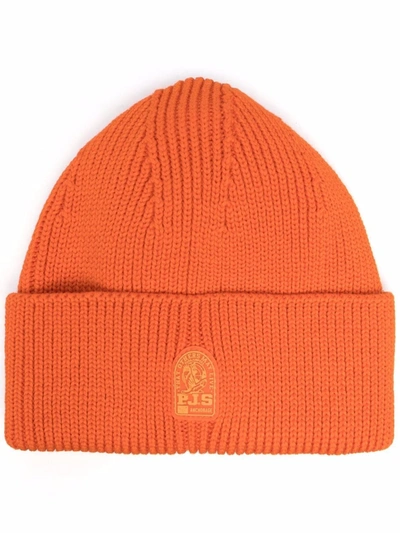 Shop Parajumpers Logo-patch Ribbed Beanie In Orange