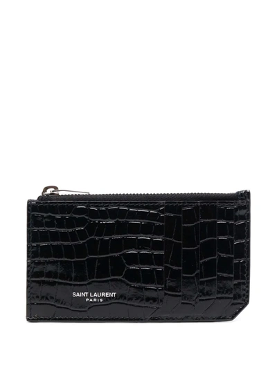 Shop Saint Laurent Fragments Crocodile-embossed Zipped Cardholder In Schwarz