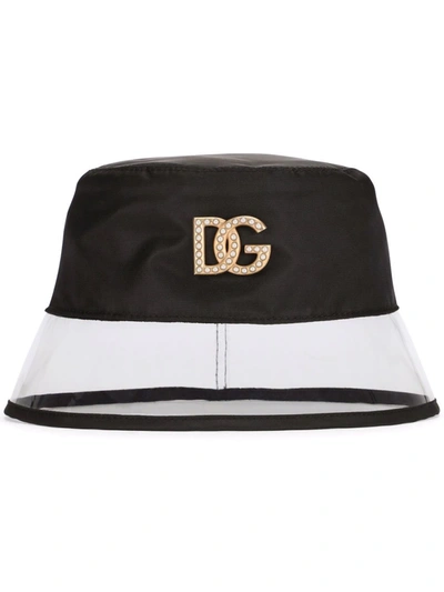 Dolce & Gabbana Nylon And Pvc Bucket Hat With Dg Logo In Schwarz