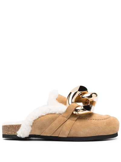 Shop Jw Anderson Chain Shearling Loafer Mules In Nude