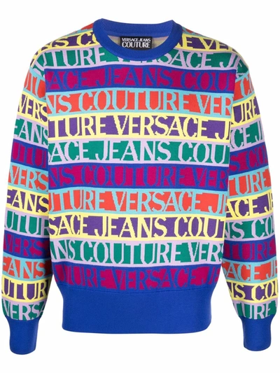 Shop Versace Jeans Couture All-over Jacquard Logo Knit Sweater In Blau