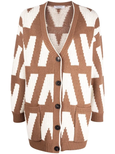 Shop Valentino Logo-intarsia Virgin Wool Cardigan In Braun