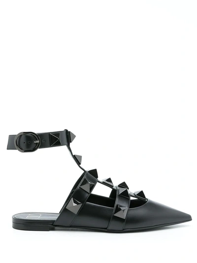 Valentino Roman Stud Leather Ankle Strap Flat In Schwarz