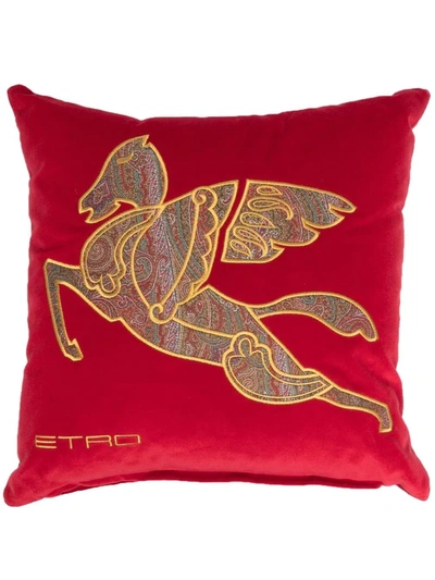 Shop Etro Home Pegaso-embroidered Velvet Cushion In Rot