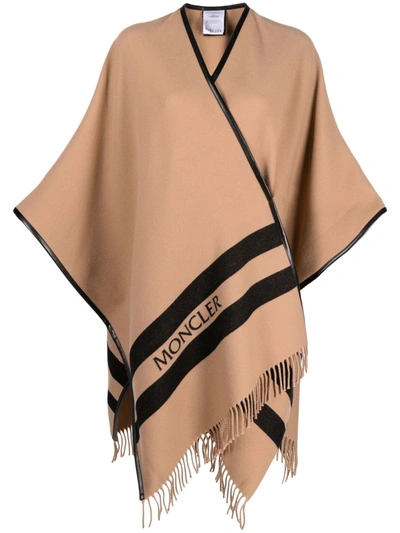 Shop Moncler Logo-print Wool Cape In Nude