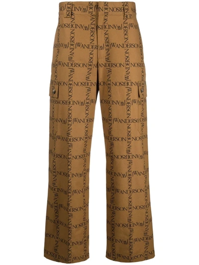 Shop Jw Anderson Logo-print Straight-leg Trousers In Braun