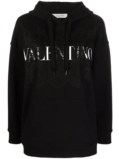 Shop Valentino Lace-panel Logo Hoodie In Black