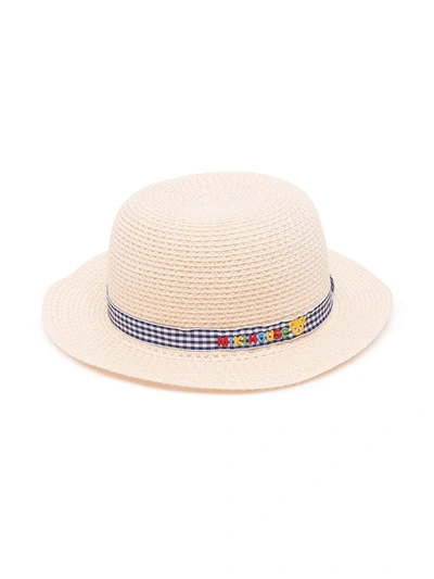 Shop Miki House Gingham-trim Straw Hat In Neutrals