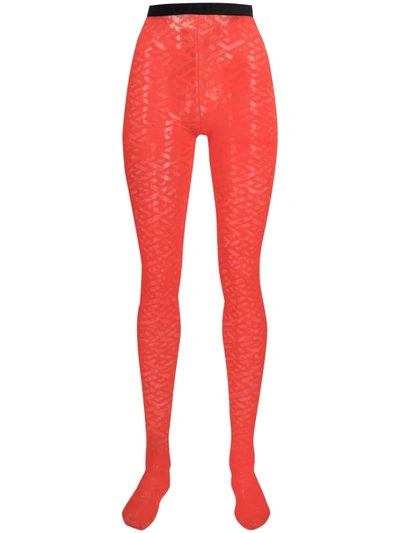 Shop Versace Monogram Tulle Sheer Tights In Red