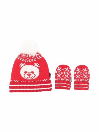 Shop Moschino Knitted Teddy Hat And Glove Set In Red