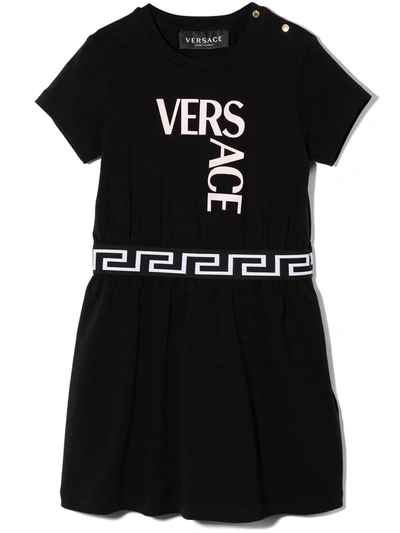 Shop Versace Logo Print Flared Dress In Black