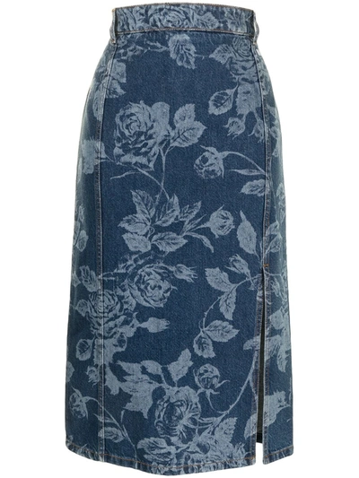 Shop Msgm Floral-print Midi Denim Skirt In Blue