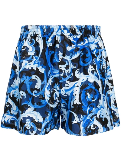 Shop Versace Baroque-print Silk Boxer Shorts In Blue