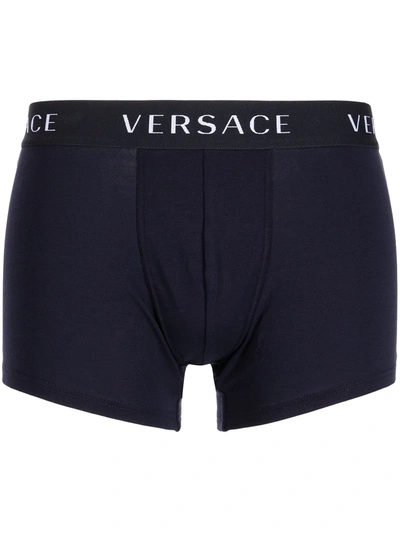 Shop Versace Logo Trim Boxer Shorts In Blue