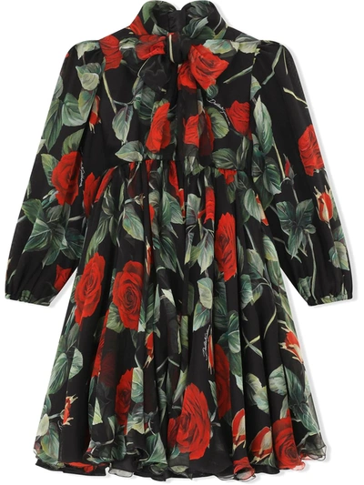 Shop Dolce & Gabbana Rose-print Silk Dress In Black