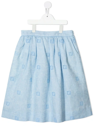 Shop Fendi Ff Embroidered Linen Skirt In Blue