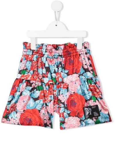 Msgm Kids Shorts With Multicolored Floral Print In Red
