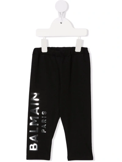 Shop Balmain Metallic Logo-print Cotton Leggings In Black