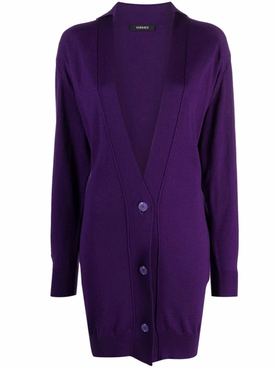 Pre-owned Versace 1990s V-neck Knee-length Cardigan In Purple