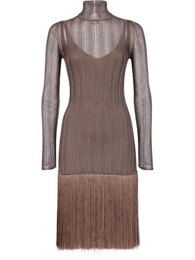 Shop Fendi Fringed Knitted Dress In Brown
